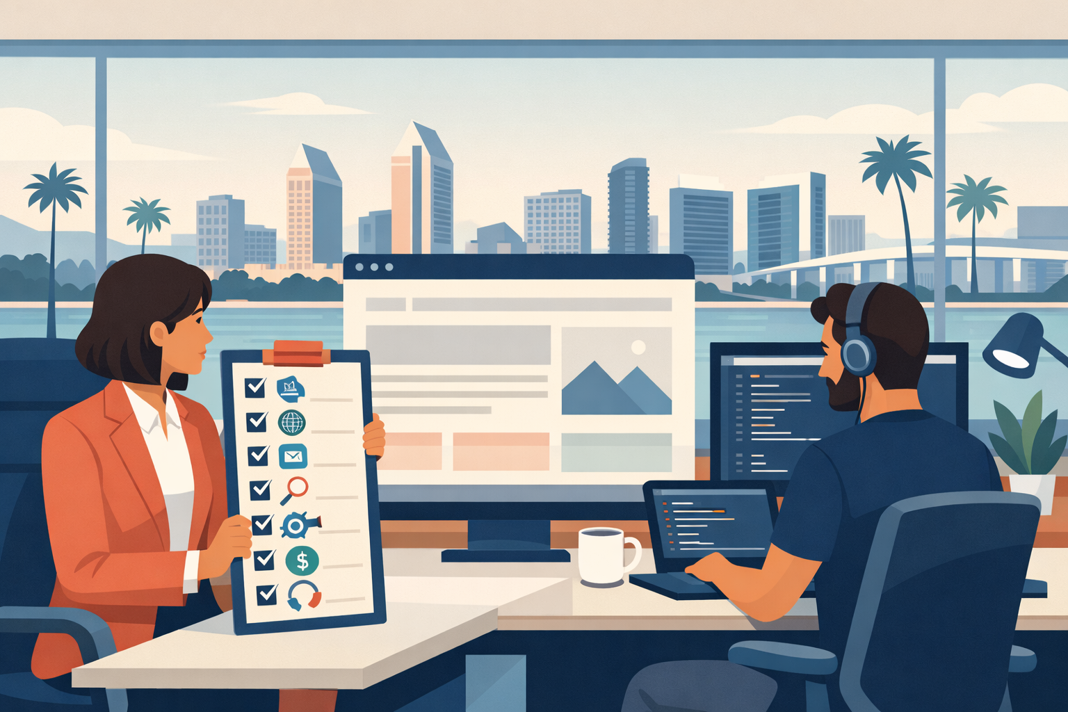 Flat illustration of a San Diego business owner reviewing a checklist before hiring a web developer.