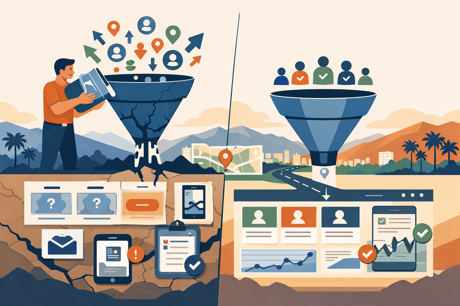 Flat illustration showing website conversion and technical problems being repaired before more local search traffic is added.