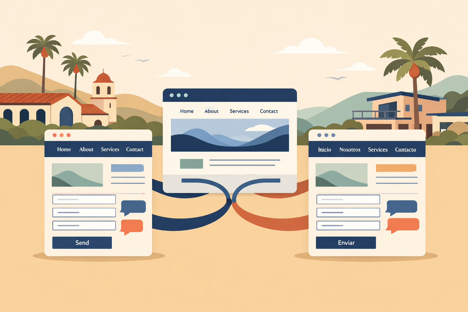 Flat illustration of one Southern California business website supporting equal English and Spanish customer experiences.