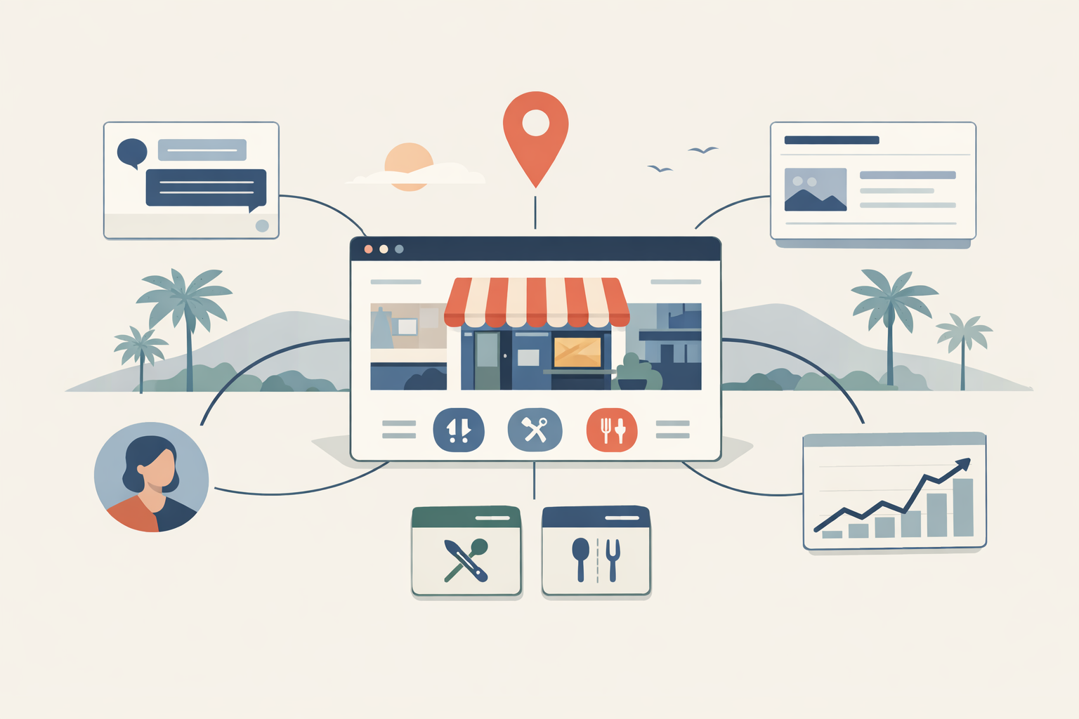 Flat illustration of a business website connected to AI search, service, location, author, and analytics signals.