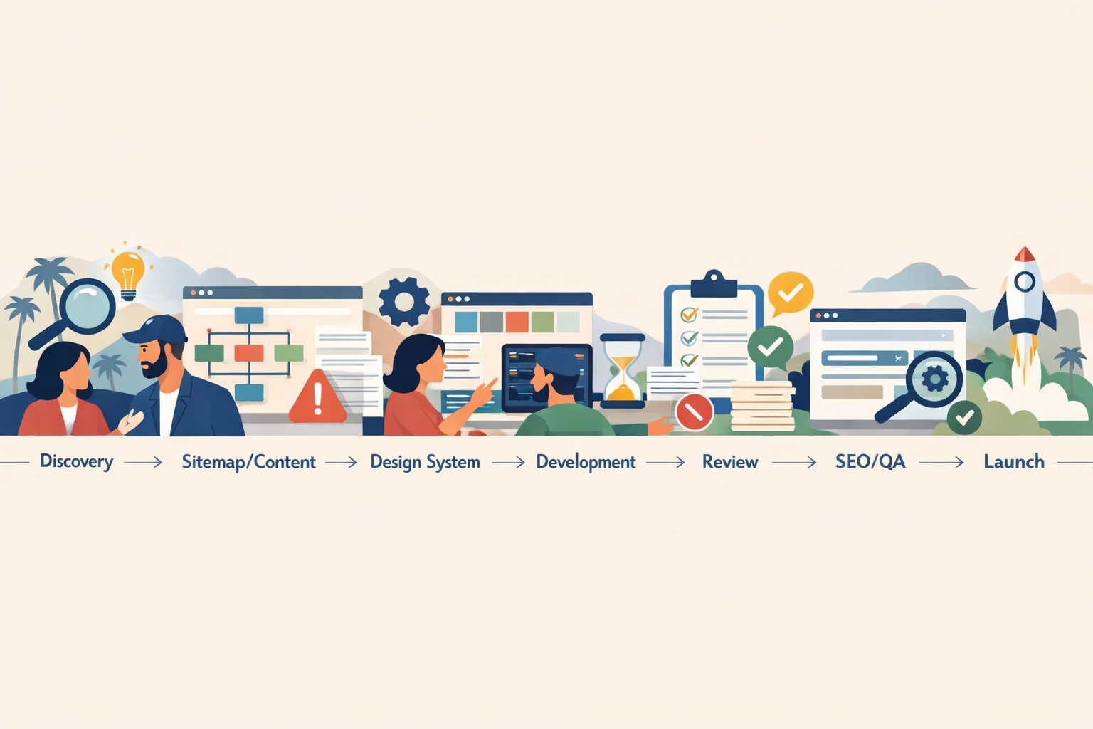 Flat illustration showing the stages of a professional website redesign from discovery through launch.