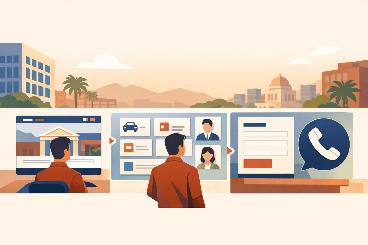Flat illustration of a potential law firm client moving from practice-area information to a simple consultation form.