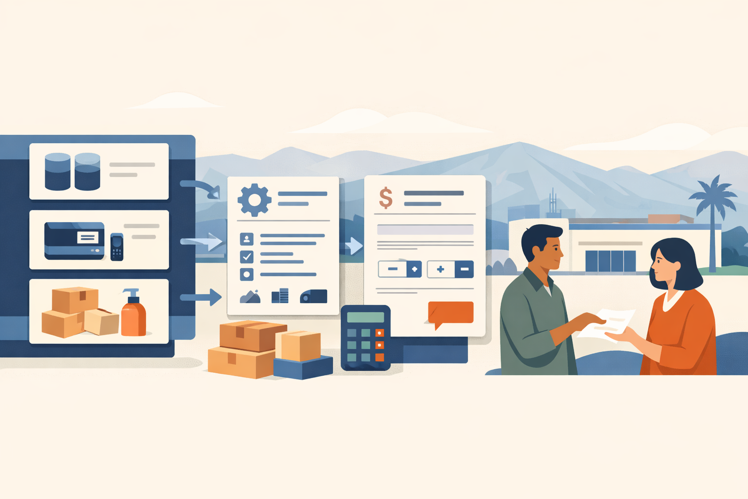 Flat illustration of a manufacturing product catalog leading buyers from product discovery and specifications to a wholesale quote request.