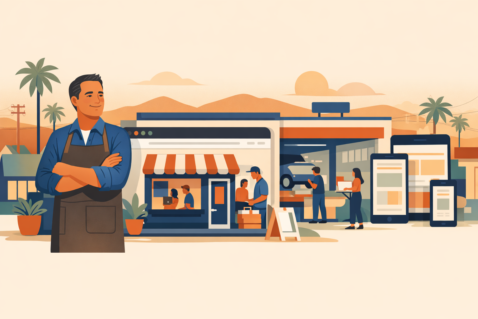 Flat editorial illustration of an Inland Empire business growing beyond an outdated website.