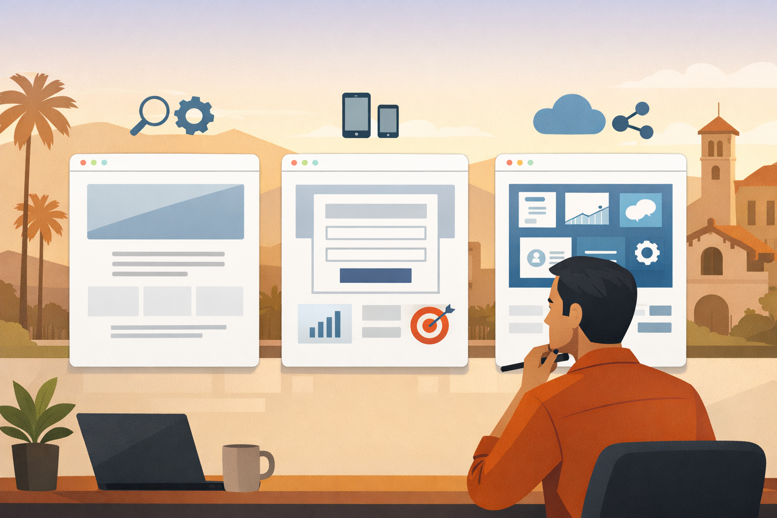 Flat illustration of a Riverside small-business owner comparing simple, professional, and custom website options with SEO and software features.