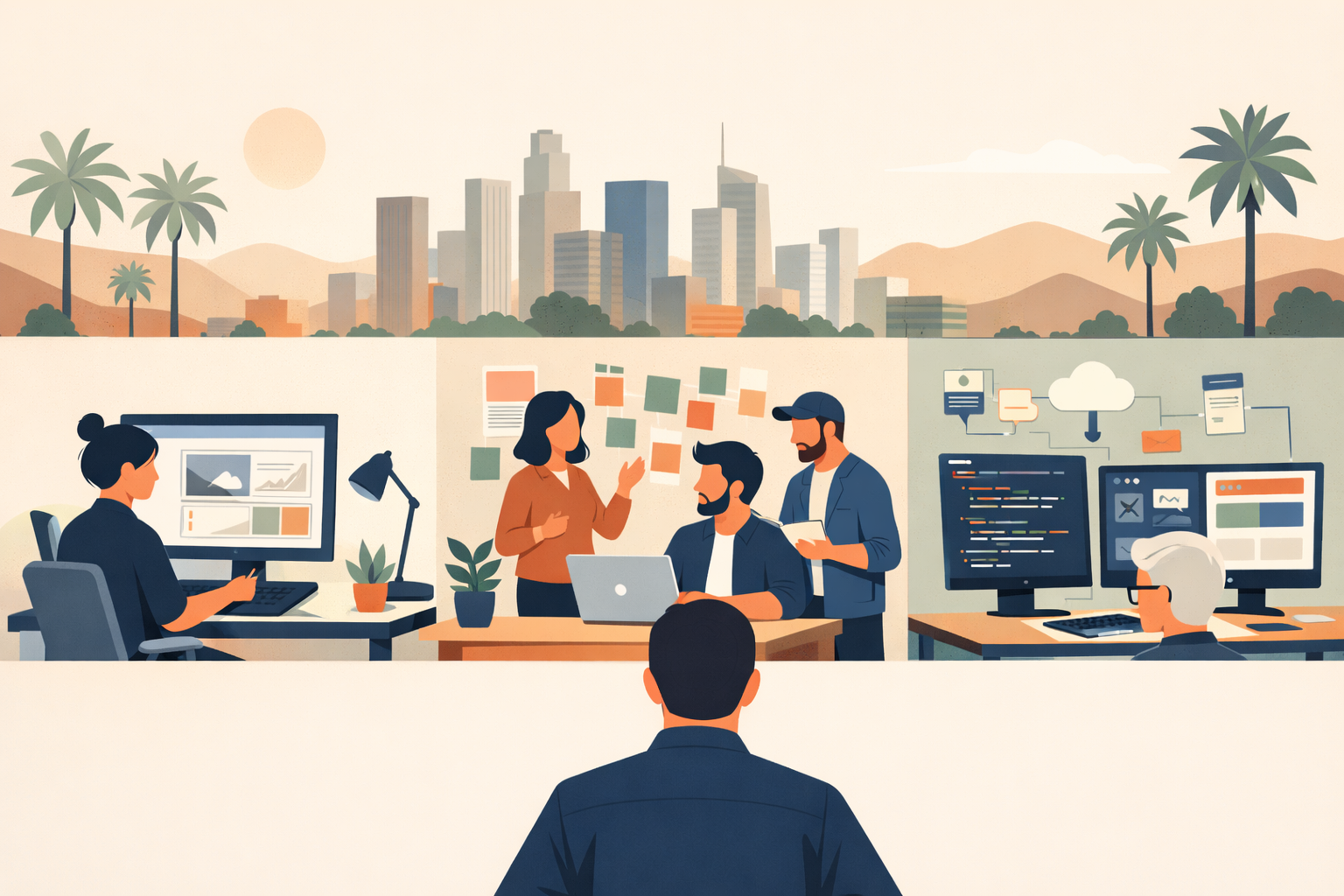 Flat editorial illustration comparing a freelancer, agency team, and senior developer for a Los Angeles business website project.