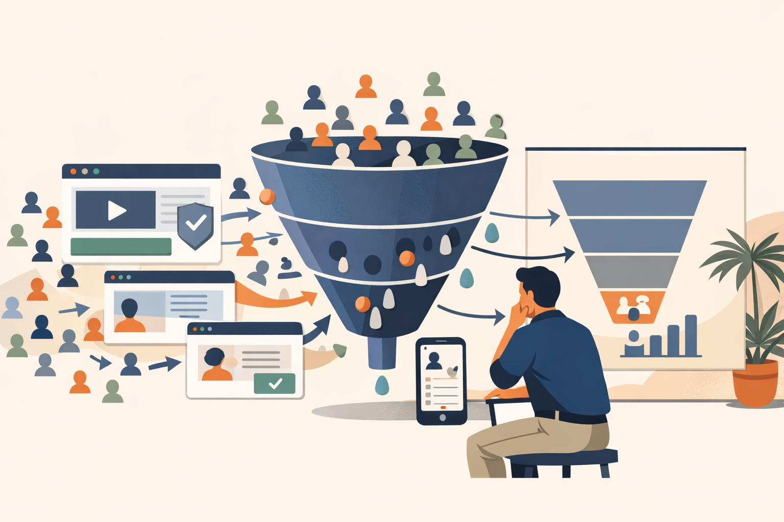Flat illustration of website traffic entering a conversion funnel with several points where potential leads drop off.
