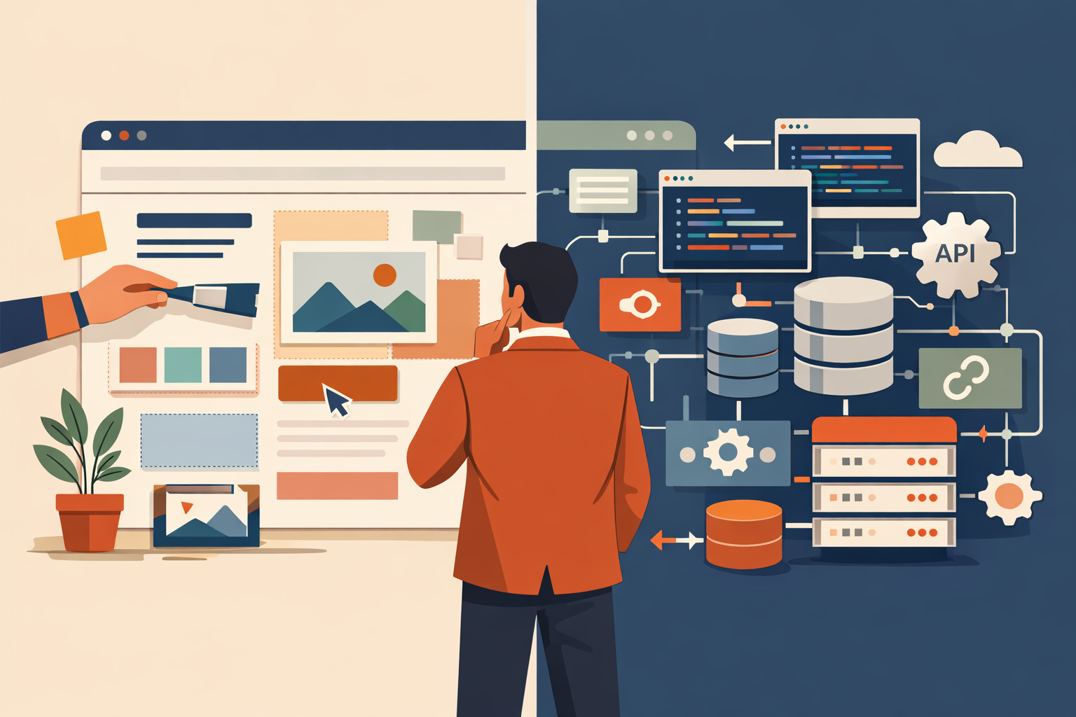 Flat illustration comparing a visual website redesign with rebuilding the technical foundation underneath it.