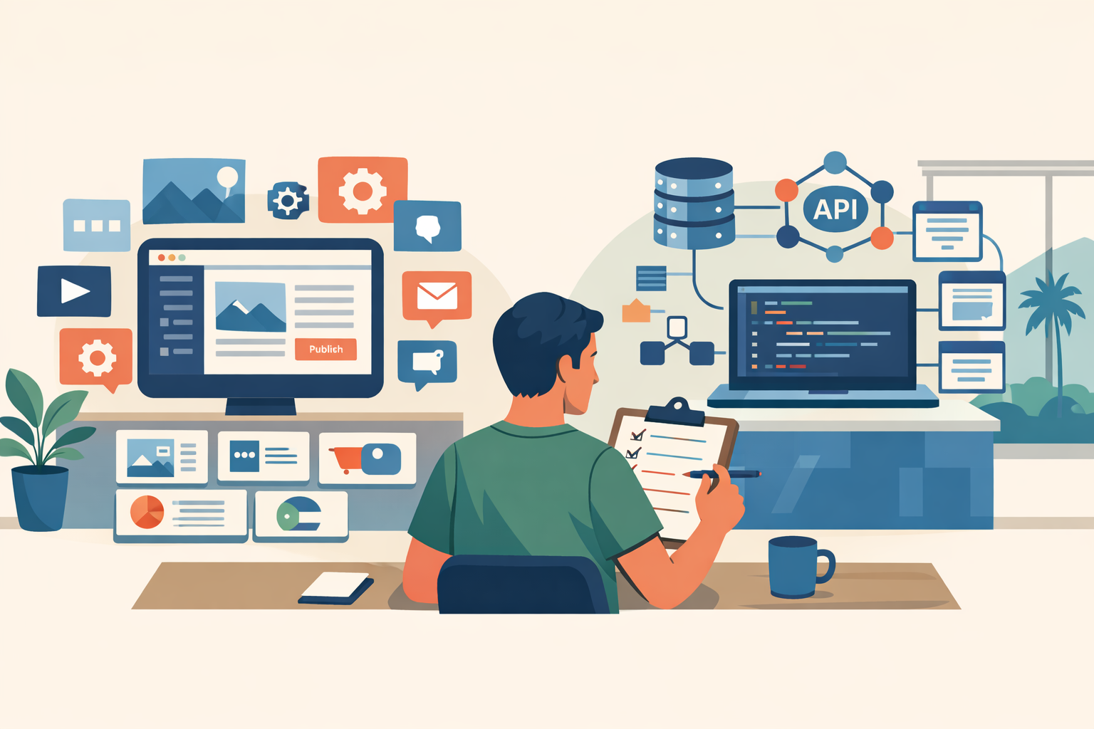 Flat illustration comparing a modular CMS website architecture with a custom application architecture for a small business.